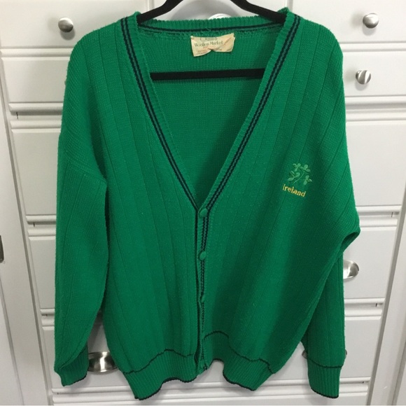 Vintage IRELAND Shamrock Green Acrylic Cardigan Quills Woollen Market L - Picture 2 of 10